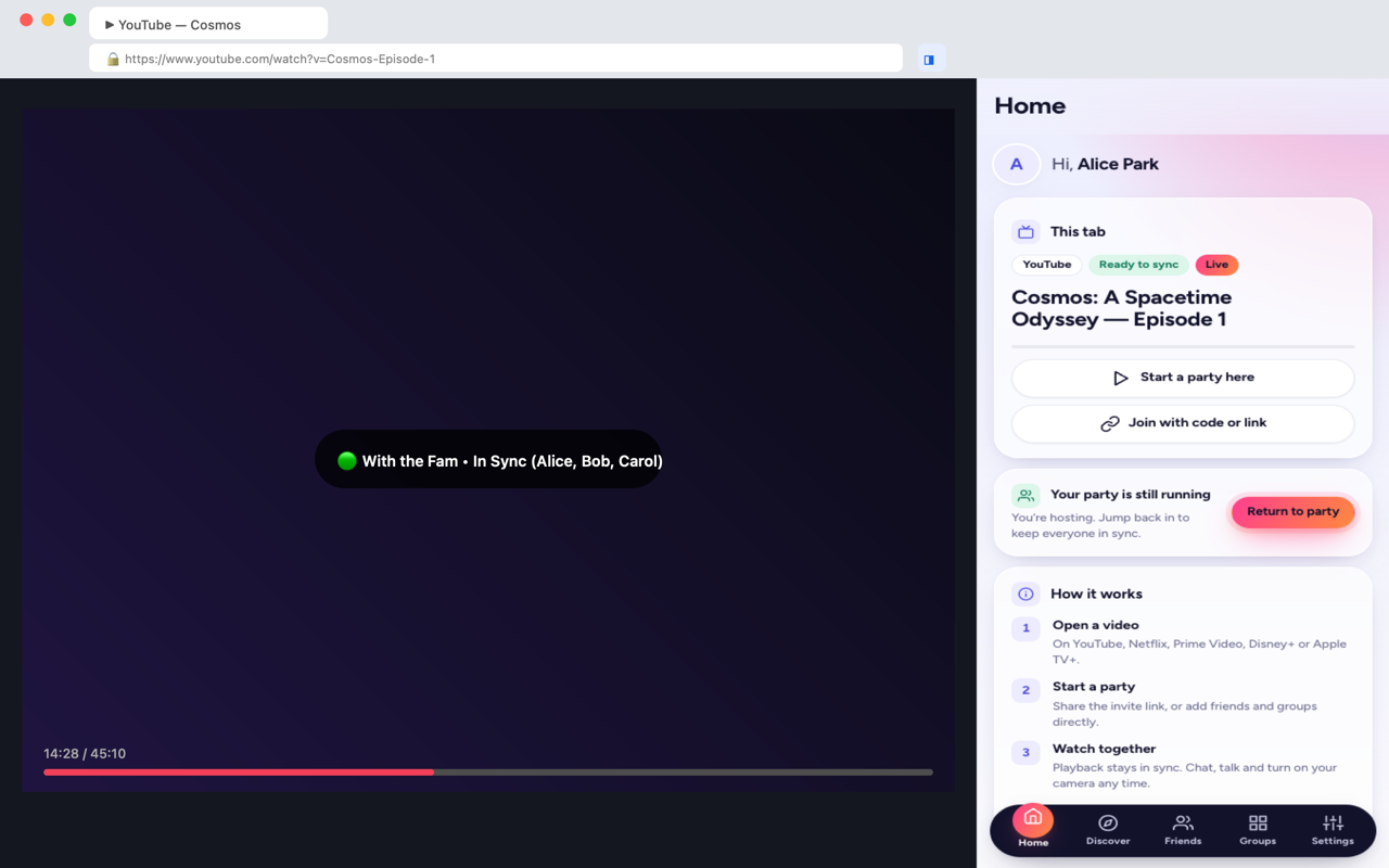 With the Fam Chrome Extension in action with video and side panel